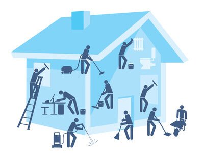 Illustration von Reinigungsarbeiten im und am Haus
