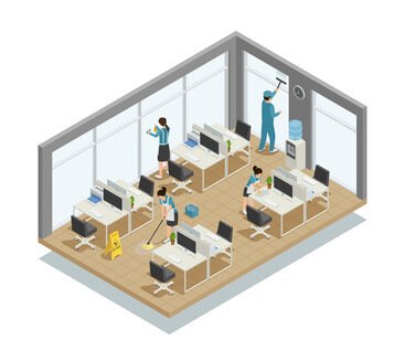 Gebäudereiniger reinigen Einrichtung, Fußboden und Fenster